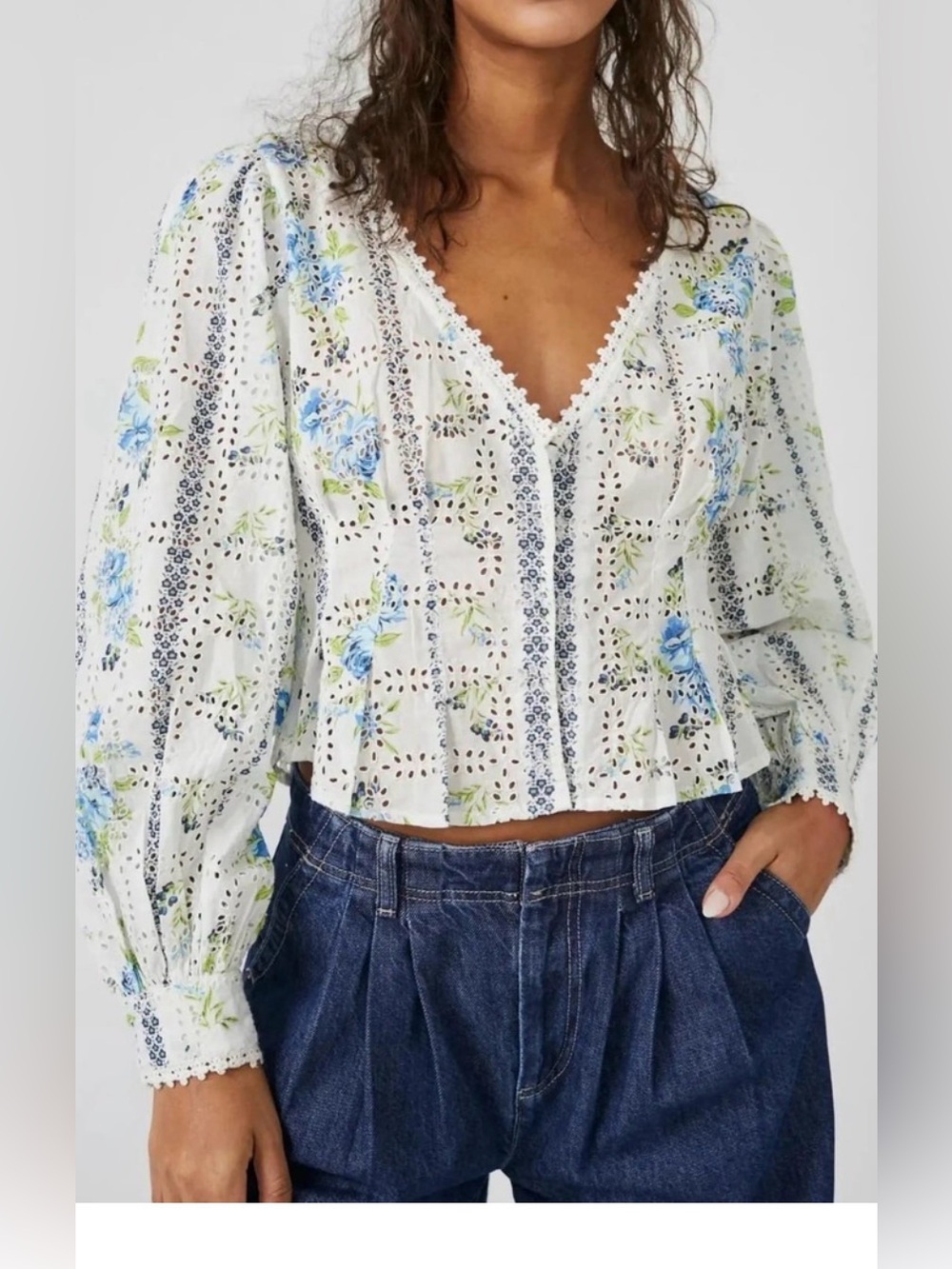 Free People Floral Printed Blossom Eyelet Blouse Top Bright White Combo